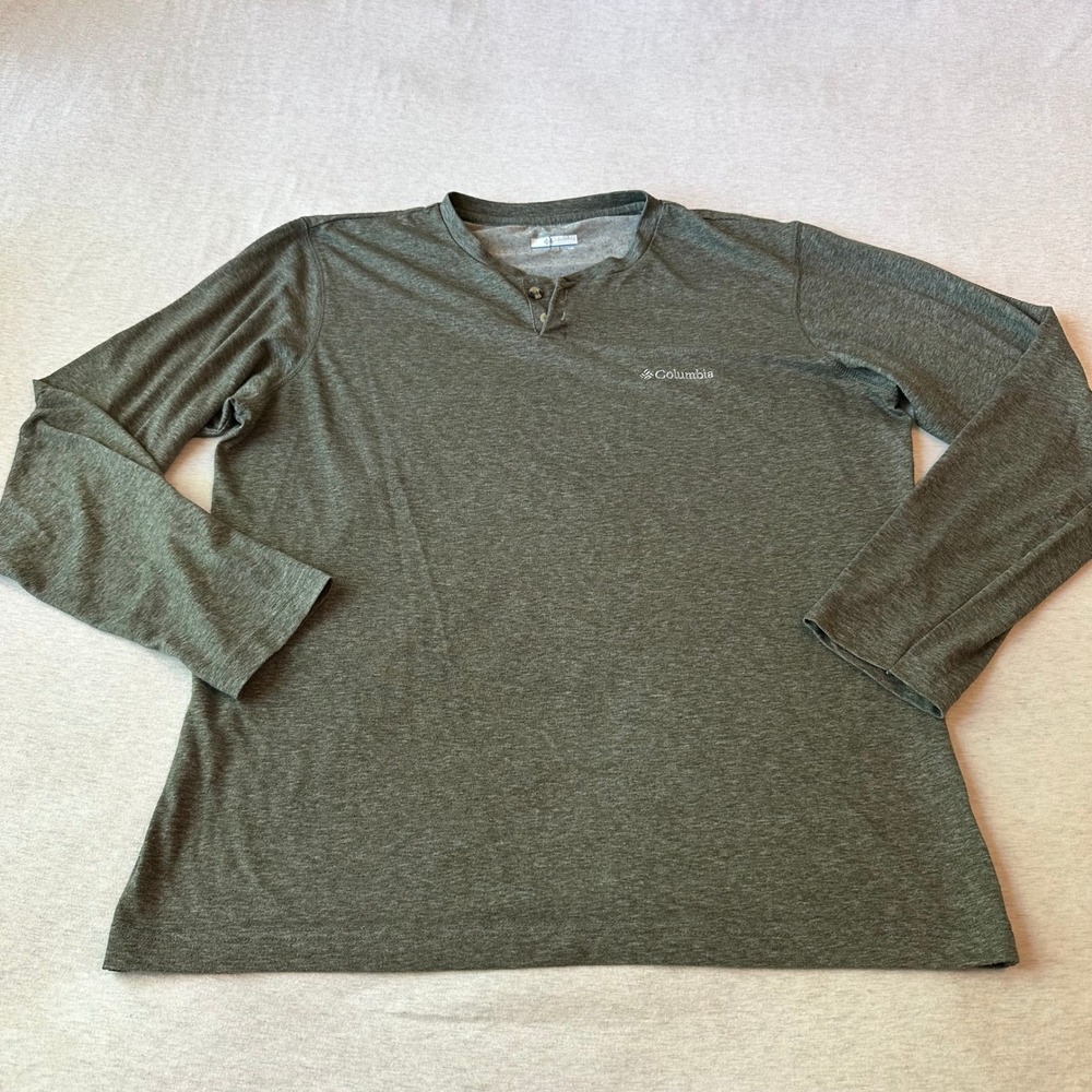 Columbia Mens Long Sleeve Henley Shirt Olive Green Heathered Size M Logo